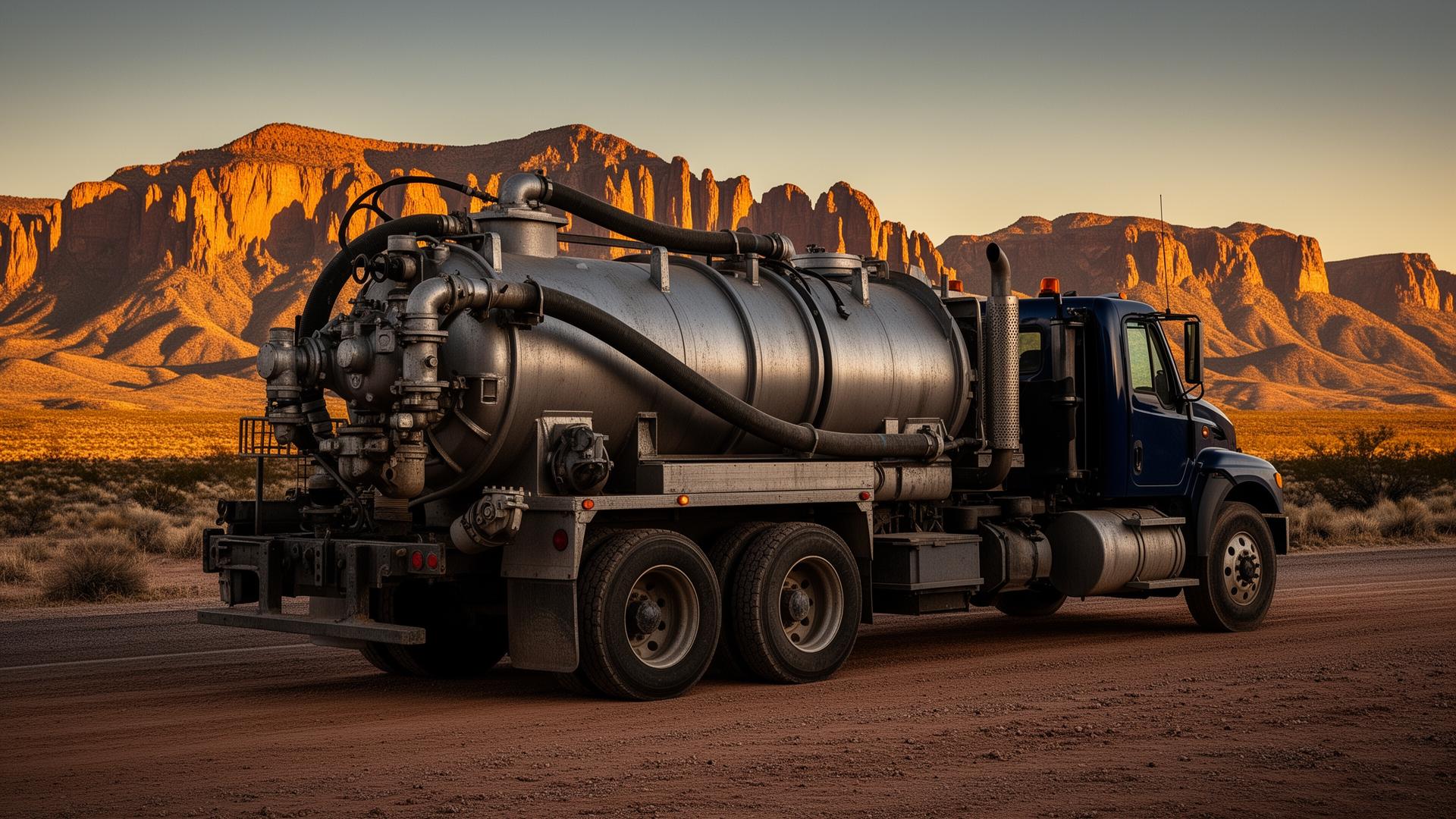 Industrial septic vacuum pump truck on a desert road in Arizona at golden hour