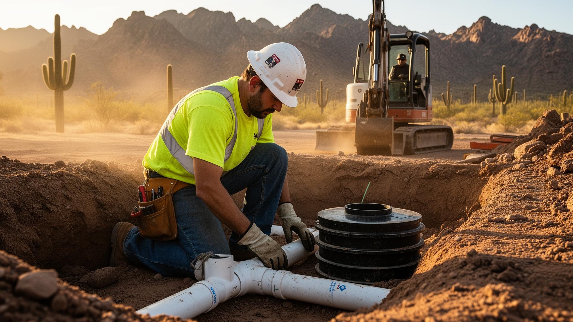 Construction crew member installing septic pipes in the Arizona desert