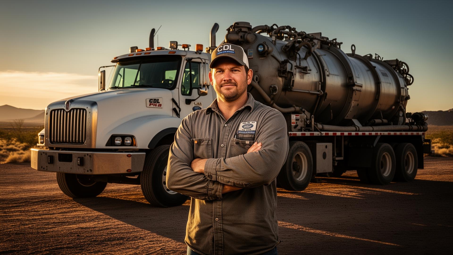 Crew working in front of a vacuum truck in the Arizona desert