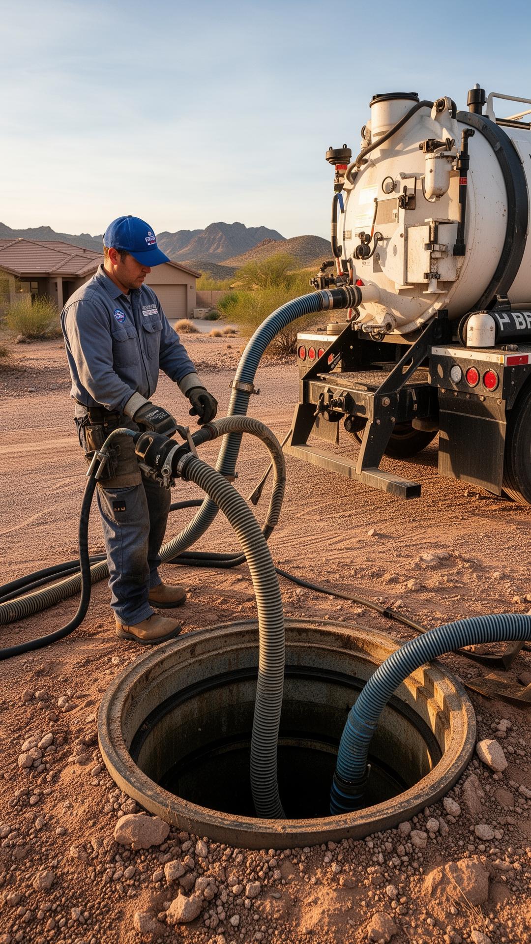 Septic technician operating vacuum hoses at a residential tank in Arizona